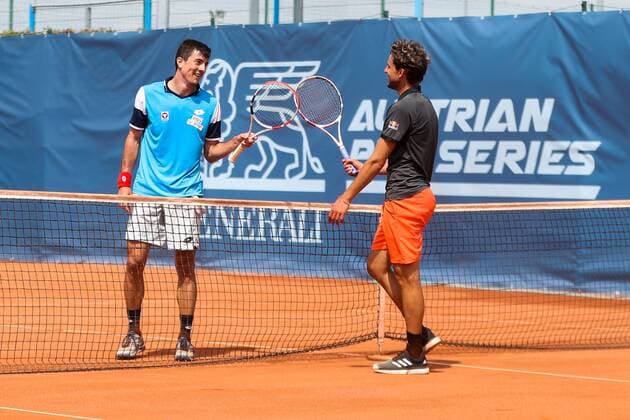 TENNIS - Austrian Pro Series MARIA ENZERSDORF,AUSTRIA,08.JUN.20 - TENNIS - Generali Austrian Pro Series. Image shows Sebastian Ofner (AUT) and Dominic Thiem (AUT). GEPAxpictures xPhilippxBrem
