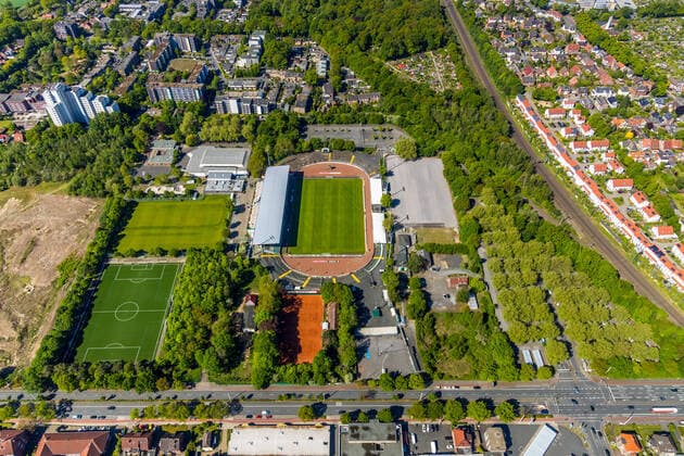 Fußball, Stadiongeschichte Preußen Münster Luftbild, Preußenstadion, SC Preußen 06 e.V. Münster, Münster, Münsterland, Nordrhein-Westfalen, Deutschland ACHTUNGxMINDESTHONORARx60xEURO