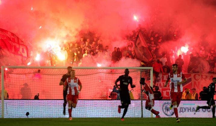 10.06.2020 Belgrade(Serbia) FK Partizan-FK Crvena Zvezda(Red Star) semi final national cup kup Srbije men s football Red Star fans in smoke with torches : 