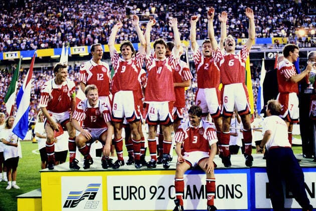 SQUADRA, team group, Mannschaftsbild, Totale Denmark, Celebrating, European Cup, Final, Sweden EURO 1992, Denmark vs Germany 2-0, Goteborg CAMPIONATI EUROPEI SVEZIA EURO 1992 FINALE DANIMARCA-GERMANIA 2-