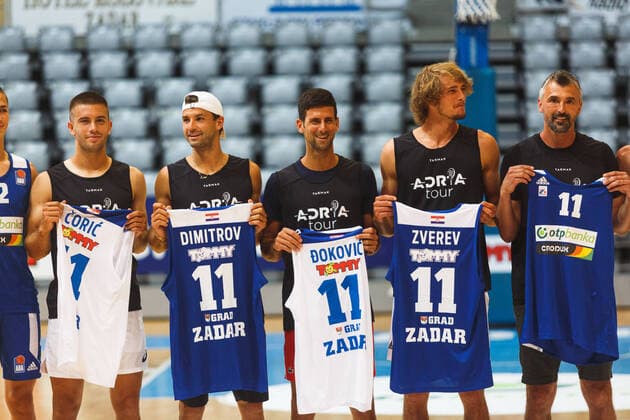 PXL_Humanitarian basketball match 18.06.2020., Zadar, Croatia - Tennis players, the stars of the Adria Tour played a friendly match with the basketball players of KK Zadar.The Adria Tour is a series of tournaments being organised by world number one Novak Djokovic. Zadar will host on 19 21 June with the tournament set to feature Djokovic and Croatian aces Borna Coric and Marin Cilic. Borna Coric, Grigor Dimitrov, Novak Djokovic, Alexander Zverev, Goran Ivanisevic. MarkoxDimic PIXSELL