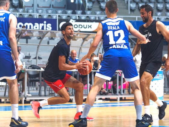 (200619) -- ZADAR, June 19, 2020 -- Serbian tennis player Novak Djokovic (2nd L) competes during a friendly basketball match ahead of the Adria Tour humanitarian tennis tournament in Zadar, Croatia, June 18, 2020. Adria Tour is organized by Serbia s tennis player Novak Djokovic in order to promote sports, positive values and fair play, and also to raise funds for those who need help. Zadar will host the tournament featuring Djokovic and top Croatian tennis players from June 19 to 21. ( Pixsell via Xinhua) (SP)CROATIA-ZADAR-TENNIS PLAYERS-BASKETBALL MarkoxDimic 