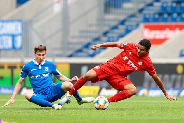 19.06.2020, xtgx, Fussball 3. Liga, 1.FC Magdeburg - FC Bayern Muenchen II, v.l. Charles Elie Laprevotte (Magdeburg, 23), Malik Tillman (Bayern Muenchen, 17) Zweikampf, Duell, Kampf, tackle (DFL DFB REGULATIONS PROHIBIT ANY USE OF PHOTOGRAPHS as IMAGE SEQUENCES and or QUASI-VIDEO) Magdeburg