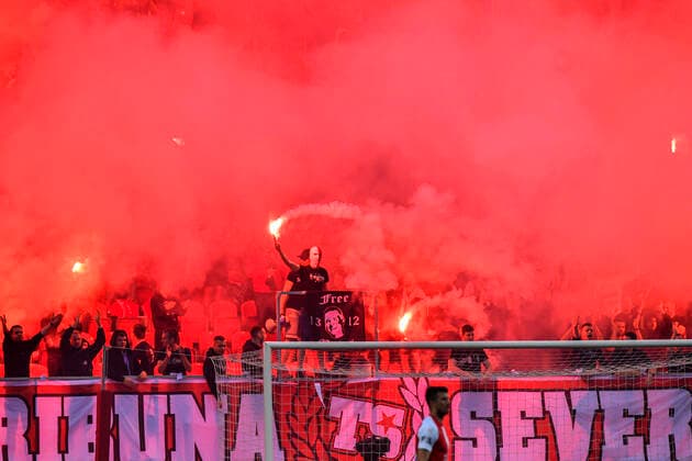 Fans of Slavia Prague in action during the match against FC Viktoria Plzen in Prague, Czech Republic, June 24, 2020. Slavia has won the Czech football league for the second season in a row. (CTKxPhoto VitxSimanek) CTKPhotoP202006240913601 VIS 002