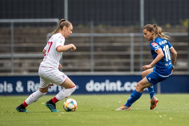 FLYERALARM Frauen Fussball Bundesliga; 1. FC Koeln - SC Sand; 28.06.2020 Kristina Hild ( 27, 1. FC Koeln), Dina Blagojevic ( 10, SC Sand 1946) FLYERALARM Frauen Fussball Bundesliga, 1. FC Koeln - SC Sand, Koeln, Franz-Kremer-Stadion DFL REGULATIONS PROHIBIT ANY USE OF PHOTOGRAPHS AS IMAGE SEQUENCES AND OR QUASI-VIDEO. Copyright: xBEAUTIFULxSPORTS Wunderlx