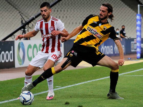 AEK Athens v Olympiacos F.C. Super League Greece Marios Oikonomou of AEK Athens and Georgios Masouras of Olympiacos F.C. during the Super League Greece match at Olympic Stadium, Athens Content Not Available For UK Newspapers Copyright: xYannisxHalasx FIL-14370-0104