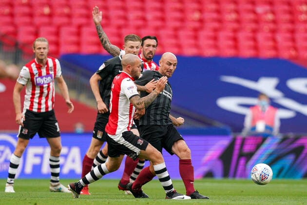 Nicky Law of Exeter City and Alan McCormack of Northampton Town during the Sky Bet League 2 PLAY-OFF Final match between Exeter City and Northampton Town at Wembley Stadium, London, England on 29 June 2020. Copyright: xAndyxRowlandx PMI-3511-0111