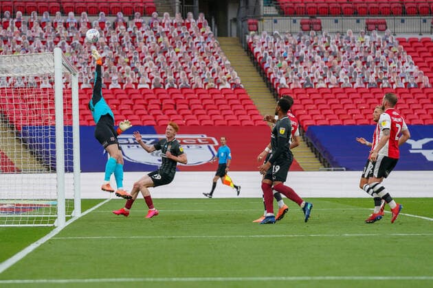 Goalkeeper Jonathan Maxted of Exeter City makes a save during the Sky Bet League 2 PLAY-OFF Final match between Exeter City and Northampton Town at Wembley Stadium, London, England on 29 June 2020. Copyright: xAndyxRowlandx PMI-3511-0118