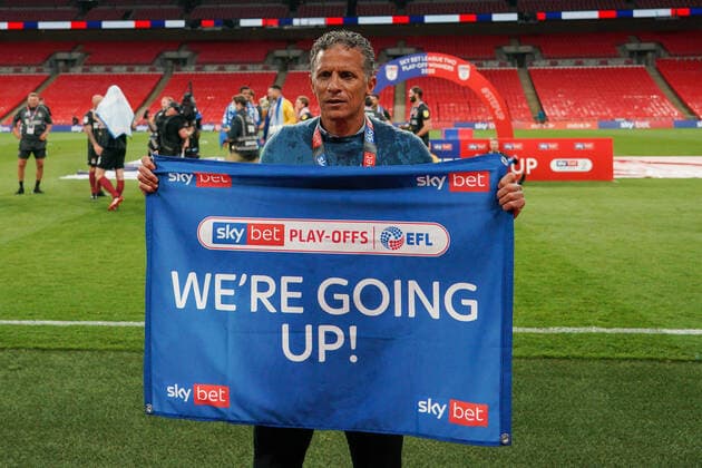 Northampton Town manager Keith Curle celebrates promotion to League One after a 4-0 victory in the Sky Bet League 2 PLAY-OFF Final match between Exeter City and Northampton Town at Wembley Stadium, London, England on 29 June 2020. Copyright: xAndyxRowlandx PMI-3511-0136