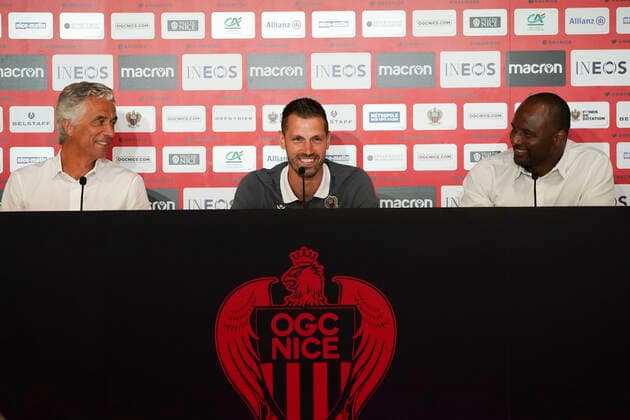 Jean Pierre Rivere (president de l OGC Nice) - Morgan Schneiderlin (OGC Nice) - Patrick Vieira (entraineur de l OGC Nice) FOOTBALL : Presentation des nouvelles recrues de l OGC Nice - Nice - 02 07 2020 NorbertScanella PanoramiC 