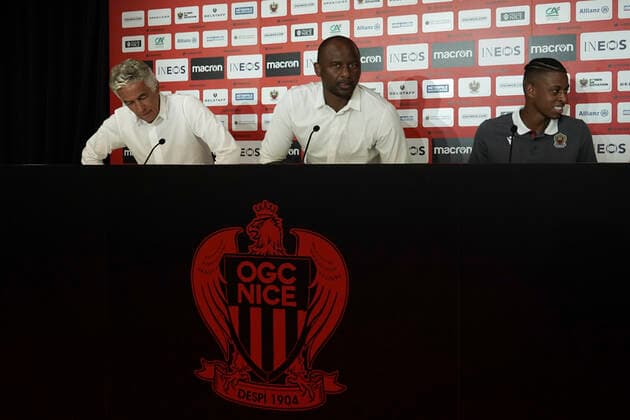 Jean Pierre Rivere (president de l OGC Nice) - Patrick Vieira (entraineur de l OGC Nice) - Robson Bambou (OGC Nice) FOOTBALL : Presentation des nouvelles recrues de l OGC Nice - Nice - 02 07 2020 NorbertScanella PanoramiC 
