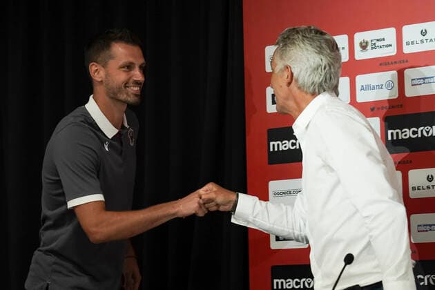 Jean Pierre Rivere (president de l OGC Nice) - Morgan Schneiderlin (OGC Nice) FOOTBALL : Presentation des nouvelles recrues de l OGC Nice - Nice - 02 07 2020 NorbertScanella PanoramiC 
