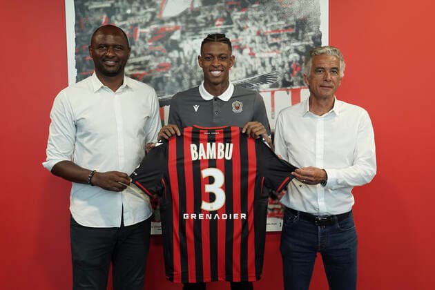 Patrick Vieira (entraineur de l OGC Nice) - Robson Bambu (OGC Nice) - Jean Pierre Rivere (president de l OGC Nice) FOOTBALL : Presentation des nouvelles recrues de l OGC Nice - Nice - 02 07 2020 NorbertScanella PanoramiC 