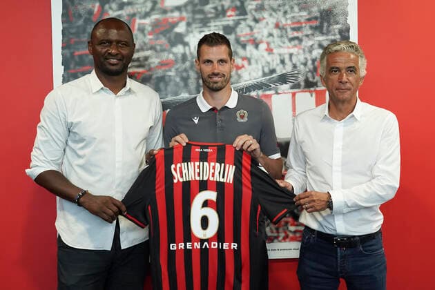 Patrick Vieira (entraineur de l OGC Nice) - Morgan Schneiderlin (OGC Nice) - Jean Pierre Rivere (president de l OGC Nice) FOOTBALL : Presentation des nouvelles recrues de l OGC Nice - Nice - 02 07 2020 NorbertScanella PanoramiC 