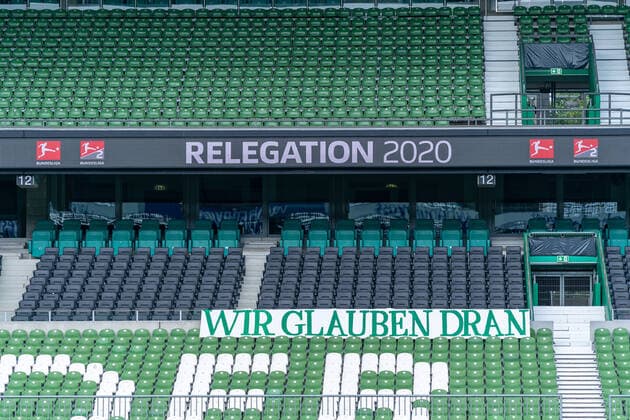 SV Werder Bremen vs 1.FC Heidenheim - Relegation 01 - 02.07.2020 Relegation 2020 - wir glauben dran nphgm001: Fussball: 1. Bundesliga: Saison 19 20: Relegation 01; SV Werder Bremen vs 1.FC Heidenheim - 02.07.2020 Foto: gumzmedia nordphoto DFL regulations prohibit any use of photographs as image sequences and or quasi-video. EDITORIAL USE ONLY National and international News-Agencies OUT. Bremen wohninvest Weserstadion Bremen DEUTSCHLAND