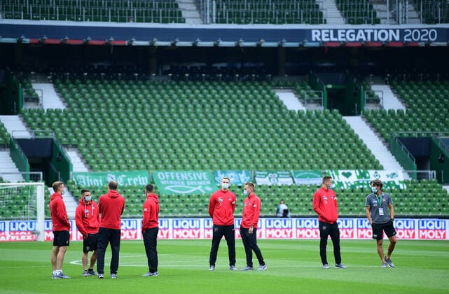 SV Werder Bremen vs 1.FC Heidenheim - Relegation 01 - 02.07.2020 Heidenheim Spieler im Weserstadion Bremen, 02.07.2020, Fussball, Bundesliga, Relegation, Hinspiel, SV Werder Bremen - 1. FC Heidenheim Foto: TimGroothuis Witters Pool via gumzmedia nordphoto DFL REGULATIONS PROHIBIT ANY USE OF PHOTOGRAPHS AS IMAGE SEQUENCES AND OR QUASI VIDEO EDITORIAL USE ONLY NATIONAL AND INTERNATIONAL NEWS AGENCIES OUT Bremen
