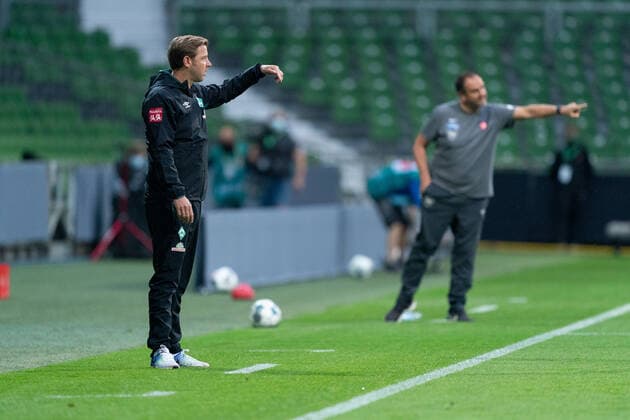 SV Werder Bremen vs 1.FC Heidenheim - Relegation 01 - 02.07.2020 Florian Kohfeldt (Trainer SV Werder Bremen) Frank Schmidt (1. FC Heidenheim 1846 Trainer, Headcoach) nphgm001: Fussball: 1. Bundesliga: Saison 19 20: Relegation 01; SV Werder Bremen vs 1.FC Heidenheim - 02.07.2020 Foto: gumzmedia nordphoto POOL DFL regulations prohibit any use of photographs as image sequences and or quasi-video. EDITORIAL USE ONLY National and international News-Agencies OUT. Bremen wohninvest Weserstadion Bremen DEUTSCHLAND