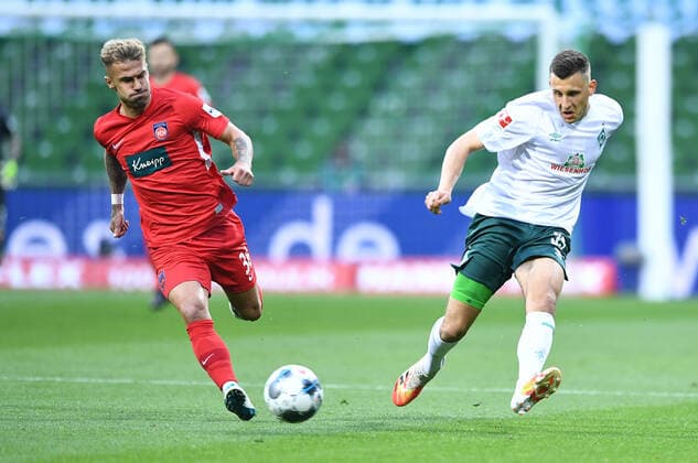 Werder Bremen - 1. FC Heidenheim Fußball, Relegation, Werder Bremen - 1. FC Heidenheim: v.l. Niklas Dorsch, Maximilian Eggestein (Bremen) Photo: Tim Groothuis Witters Pool via xim.gs DFL regulations prohibit any use of photographs as image sequences and or quasi-video. Editorial use only. National and international news agencies out. Bremen Deutschland