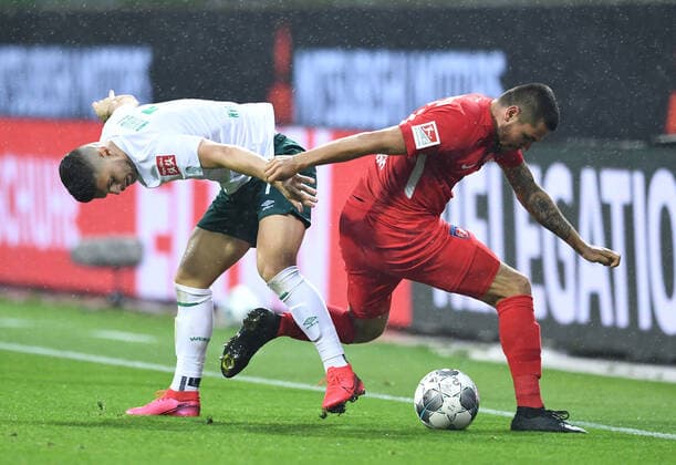 Werder Bremen - 1. FC Heidenheim Fußball, Relegation, Werder Bremen - 1. FC Heidenheim: v.l. Milot Rashica (Bremen), Marnon Busch Photo: Tim Groothuis Witters Pool via xim.gs DFL regulations prohibit any use of photographs as image sequences and or quasi-video. Editorial use only. National and international news agencies out. Bremen Deutschland