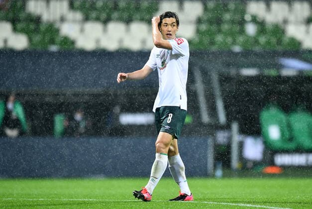 Werder Bremen - 1. FC Heidenheim Fußball, Relegation, Werder Bremen - 1. FC Heidenheim: Yuya Osako (Bremen) Photo: Tim Groothuis Witters Pool via xim.gs DFL regulations prohibit any use of photographs as image sequences and or quasi-video. Editorial use only. National and international news agencies out. Bremen Deutschland