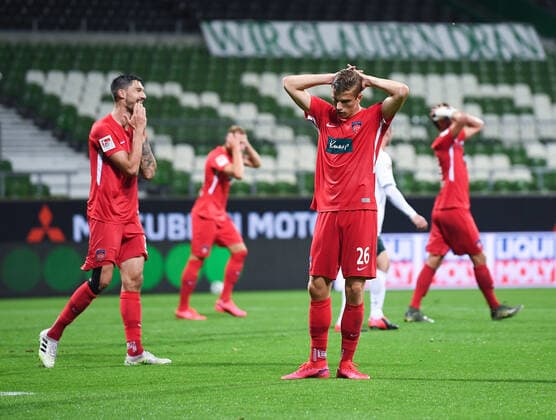Werder Bremen - 1. FC Heidenheim Fußball, Relegation, Werder Bremen - 1. FC Heidenheim: Frust bei David Otto (Heidenheim) r. Photo: Marvin Ibo Güngör GES Pool via xim.gs DFL regulations prohibit any use of photographs as image sequences and or quasi-video. Editorial use only. National and international news agencies out. Bremen Deutschland