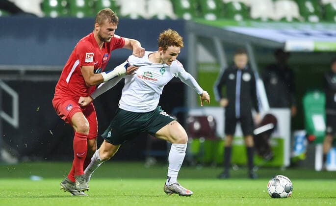 Werder Bremen - 1. FC Heidenheim Fußball, Relegation, Werder Bremen - 1. FC Heidenheim: v.l. Timo Beermann, Joshua Sargent (Bremen) Photo: Tim Groothuis Witters Pool via xim.gs DFL regulations prohibit any use of photographs as image sequences and or quasi-video. Editorial use only. National and international news agencies out. Bremen Deutschland