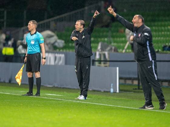 GER, Werder Bremen vs. FC Heidenheim, Fussball, Bundesliga Religation, 2019 2020, 02.07.2020 Florian Kohfeldt, Trainer (SV Werder Bremen), Frank Schmidt, Trainer (FC Heidenheim), GER, Werder Bremen vs. FC Heidenheim, Fussball, Bundesliga Religation, 2019 2020, 02.07.2020, DFB DFL regulations prohibit any use of photographs as image sequences and or quasi-video., Foto: EIBNER Sascha Walther Bremen Weser-Stadion Hansestadt Bremen Deutschland