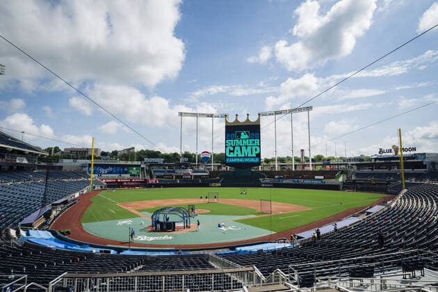 Members of the Kansas City Royals take the field at the start of a Summer Camp training workout at Kaufman Stadium in Kansas City, Missouri on Friday, July 3, 2020. Major League Baseball is finally starting their 2020 season after the COVID-19 pandemic caused months of delays.  KCP20200703104 KYLExRIVAS
