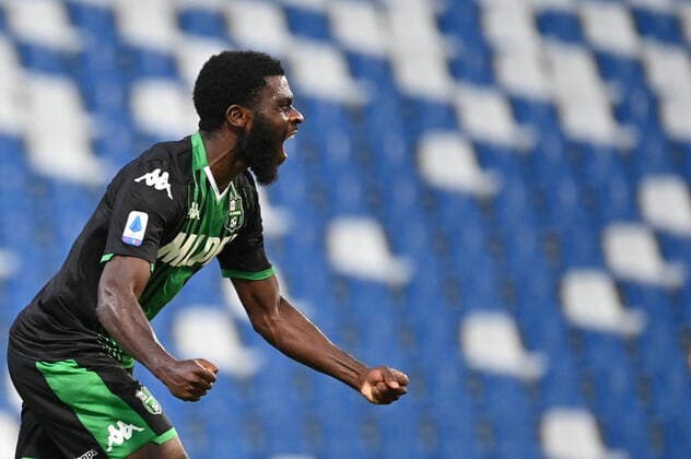 Photo Massimo Paolone LaPresse July 4, 2020 Reggio Emilia, Italy soccer Sassuolo vs Lecce - Italian Football Championship League A TIM 2019 2020 - Mapei stadium In the pic: Jeremie Boga (U.S.Sassuolo) celebrates after scoring goal 3-2  Copyright: xMassimoxPaolone LaPressex