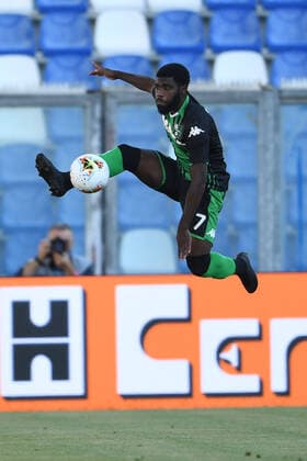 Jeremie Boga (Sassuolo) during the Italian Serie A match between Sassuolo 4-2 Cagliari at Mapei Stadium on July 04 , 2020 in Reggio Emilia, Italy. Noxthirdxpartyxsales (132730098)