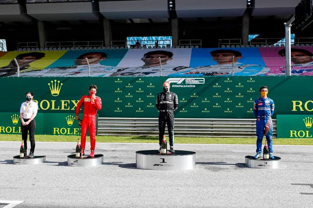 Motorsports: FIA Formula One World Championship, WM, Weltmeisterschaft 2020, Grand Prix of Austria Motorsports: FIA Formula One World Championship 2020, Grand Prix of Austria, 16 Charles Leclerc (MCO, Scuderia Ferrari Mission Winnow), 77 Valtteri Bottas (FIN, Mercedes-AMG Petronas Formula One Team), 4 Lando Norris (GBR, McLaren F1 Team),