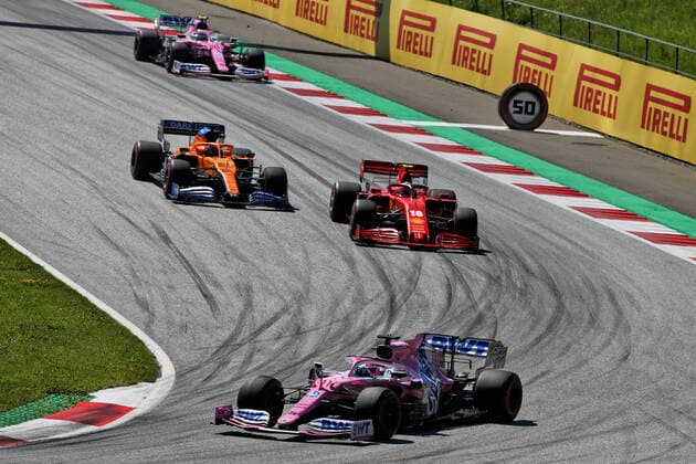 Motorsports: FIA Formula One World Championship, WM, Weltmeisterschaft 2020, Grand Prix of Austria Motorsports: FIA Formula One World Championship 2020, Grand Prix of Austria, 11 Sergio Perez (MEX, BWT Racing Point F1 Team), 16 Charles Leclerc (MCO, Scuderia Ferrari Mission Winnow), 55 Carlos Sainz (ESP, McLaren F1 Team),
