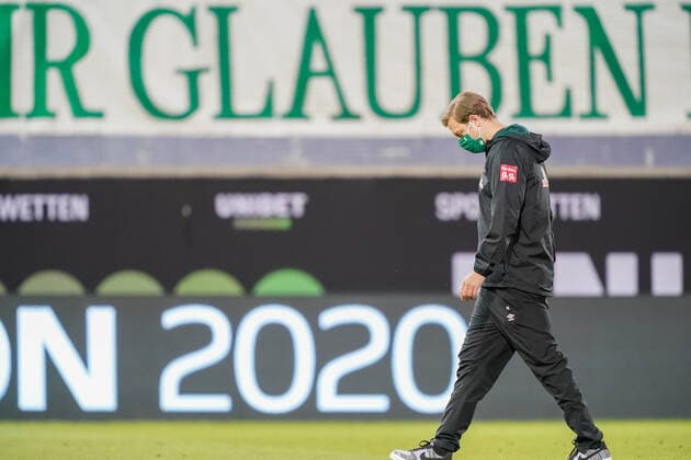 1.FC Heidenheim vs SV Werder Bremen - Relegation 02 - 06.07.2020 Glauben an Ö, Florian Kohfeldt (Trainer SV Werder Bremen) mit CORONA Gesichtsmaske nphgm001: Fussball: 1. Bundesliga: Saison 19 20: Relegation 02; 1.FC Heidenheim vs SV Werder Bremen - 06.07.2020 Foto: gumzmedia nordphoto POOL DFL regulations prohibit any use of photographs as image sequences and or quasi-video. EDITORIAL USE ONLY National and international News-Agencies OUT. Heidenheim Voith-Arena BW DEUTSCHLAND