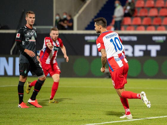 GER, FC Heidenheim vs. Werder Bremen, Fussball, Bundesliga Religation, 2019 2020, 06.07.2020 Tor zum 1:1 durch Tim Kleindienst (FC Heidenheim, 10), GER, FC Heidenheim vs. Werder Bremen, Fussball, Bundesliga Religation, 2019 2020, 06.07.2020, DFB DFL regulations prohibit any use of photographs as image sequences and or quasi-video., Foto: EIBNER Sascha Walther Heidenheim Voith-Arena Baden-Wuerttemberg Deutschland