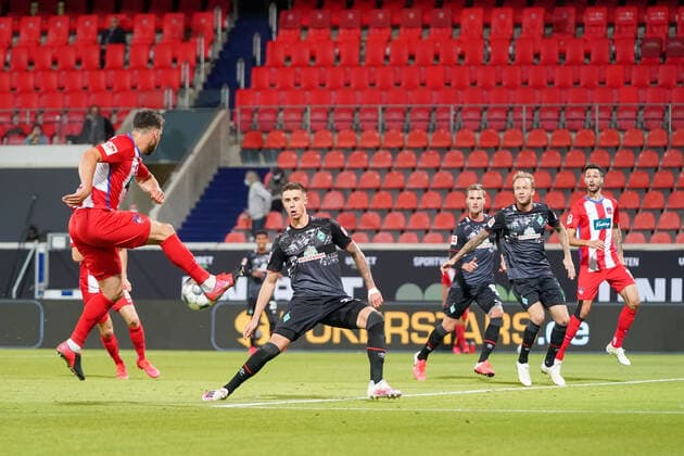 1.FC Heidenheim vs SV Werder Bremen - Relegation 02 - 06.07.2020 Tim Kleindienst (1. FC Heidenheim 1846 10), Marco Friedl (Werder Bremen 32) nphgm001: Fussball: 1. Bundesliga: Saison 19 20: Relegation 02; 1.FC Heidenheim vs SV Werder Bremen - 06.07.2020 Foto: gumzmedia nordphoto POOL DFL regulations prohibit any use of photographs as image sequences and or quasi-video. EDITORIAL USE ONLY National and international News-Agencies OUT. Heidenheim Voith-Arena BW DEUTSCHLAND