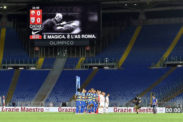 Bilder des Jahres 2020, Sport 07 Juli Sport Themen der Woche KW28 Pictures of musician and composer Ennio Morricore are displayed on the screen during the Serie A football match between AS Roma and Parma Calcio 1913 at Olimpico stadium in Rome ( Italy ), July 8th, 2020. Ennio Morricone died on July, 6th 2020 at age of 92. Photo Antonietta Baldassarre Insidefoto antoniettaxbaldassarre