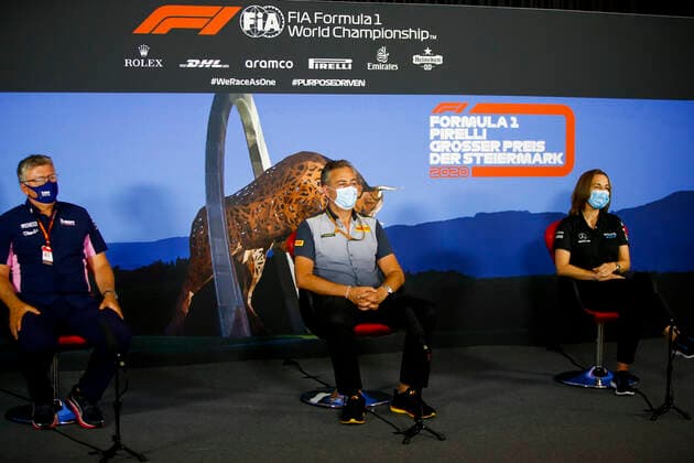 Motorsports: FIA Formula One World Championship, WM, Weltmeisterschaft 2020, Grand Prix of Styria Motorsports: FIA Formula One World Championship 2020, Grand Prix of Styria, Otmar Szafnauer (ROU, BWT Racing Point F1 Team), Mario Isola (ITA, Pirelli Motorsport), Claire Williams (GBR, Williams Racing),