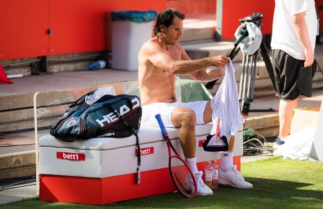 July 13, 2020, Berlin, GERMANY: Tommy Haas of Germany in action against Jannik Sinner of Italy in action during Day 1 of the 2020 bett1ACES exhibition tournament. Berlin GERMANY - ZUMAa181 20200713_zaa_a181_053 Copyright: xRobxPrangex