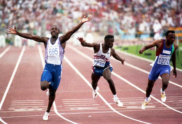 920801 Summer Olympics 1992, Athletics: Gold medalist Linford Christie (L) of Great Britain wins 100 m before bronze medalist Dennis Mitchell of USA and Frankie Fredericks of Namibia at The Summer Olympic Games, Olympische Spiele, Olympia, OS on August 1, 1992 in Barcelona, Spain. BILDBYRAN  Copyright: BILDBYRAN BB920801BB033