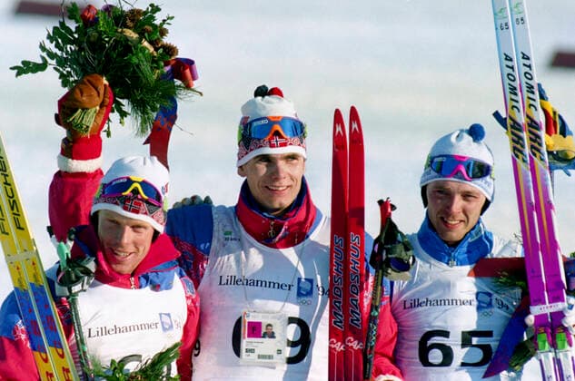 OLYMPIC LEGENDS: Thomas Alsgaard 940214 Winter Olympics 1994, Cross country skiing: Gold medalist Thomas Alsgaard of Norway is flanked by silver medalist Bjorn Daehlie of Norway (L) and bronze medalist Mika Myllyla of Finland after 30 km freestyle at The Winter Olympic Games, Olympische Spiele, Olympia, OS on February 14, 1994 in Lillehammer, Norway. BILDBYRAN  Copyright: BILDBYRAN BB940214BB001