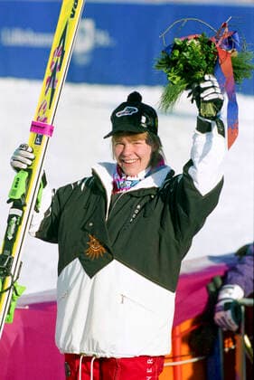 940219 Winter Olympics 1994, Alpine Skiing: Gold medalist Katja Seizinger of Germany celebrate after womens downhill at The Winter Olympic Games, Olympische Spiele, Olympia, OS on February 19, 1994 in Lillehammer, Norway. BILDBYRAN  Copyright: BILDBYRAN BB940219BB014