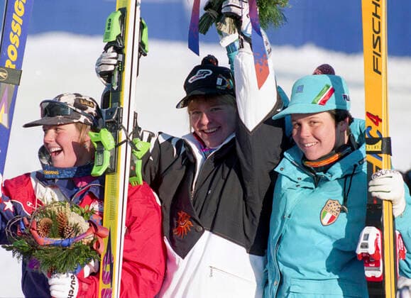 940219 Winter Olympics 1994, Alpine Skiing: Gold medalist Katja Seizinger of Germany is flanked by silver medalist Picabo Street of USA (L) and bronze medalist Isolde Kostner of Italy after womens downhill at The Winter Olympic Games, Olympische Spiele, Olympia, OS on February 19, 1994 in Lillehammer, Norway. BILDBYRAN  Copyright: BILDBYRAN BB940219BB015