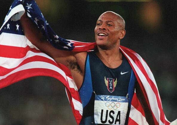 000930 Summer Olympics 2000, Athletics: Gold medalist Maurice Greene of USA react after winning 4x100m relay at The Summer Olympic Games, Olympische Spiele, Olympia, OS on September 30, 2000 in Sydney, Australia. BILDBYRAN  Copyright: BJORNxLINDGREN BB000930BB039