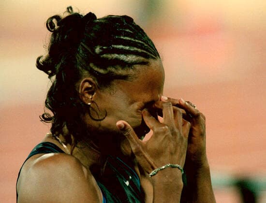 000923 Summer Olympics 2000, Athletics: Gold medalist Marion Jones of USA (later disqualified for doping) react after womens 100 m at The Summer Olympic Games, Olympische Spiele, Olympia, OS on September 23, 2000 in Sydney, Australia. BILDBYRAN  Copyright: LENNARTxMANSSON BB000923LM023