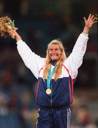 000930 Summer Olympics 2000, Athletics: Gold medalist Trine Hattestad of Norway react during the prize ceremony for womens javelin at The Summer Olympic Games, Olympische Spiele, Olympia, OS on September 30, 2000 in Sydney, Australia. BILDBYRAN  Copyright: BJORNxLINDGREN BB000930BB049