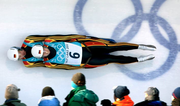 020215 Winter Olympics 2002, Luge: Gold medalists Patric-Fritz Leitner and Alexander Resch of Germany during mens doubles at The Winter Olympic Games, Olympische Spiele, Olympia, OS on February 15, 2002 in Salt Lake City, USA. BILDBYRAN  Copyright: NIKLASxLARSSON BB020215NL009