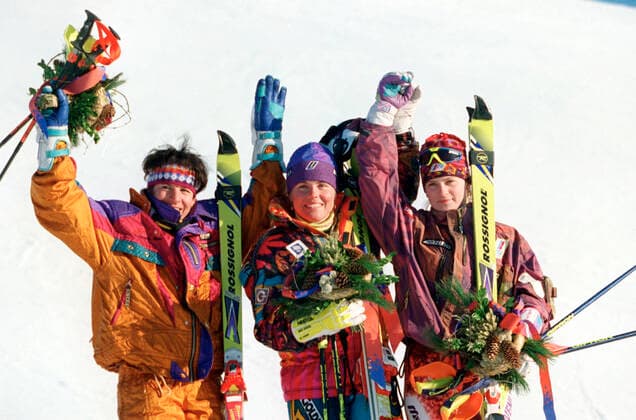 940221 Winter Olympics 1994, Alpine skiing: Gold medalist Pernilla Wiberg of Sweden is flanked by silver medalist Vreni Schneider of Switzerland (L) and bronze medalist Alenka Dovzan of Slovenia after womens alpine combined at The Winter Olympic Games, Olympische Spiele, Olympia, OS on February 21, 1994 in Lillehammer, Norway. BILDBYRAN  Copyright: BILDBYRAN BB940221BB004