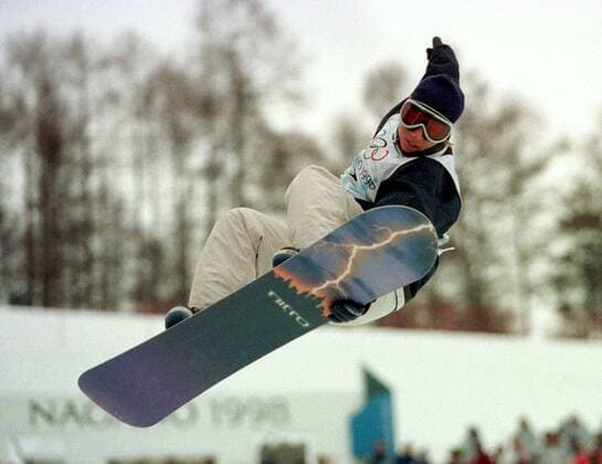 980212 Winter Olympics 1998, Snowboard: Gold medalist Gian Simmen of Switzerland during snowboard halfpipe at The Winter Olympic Games, Olympische Spiele, Olympia, OS on February 12, 1998 in Nagano, Japan. BILDBYRAN  Copyright: DENNYxCALVO BB980212BB085