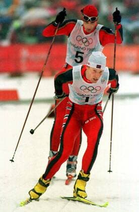 OLYMPIC LEGENDS: Thomas Alsgaard 980214 Winter Olympics 1998, Cross Country Skiing: Gold medalist Thomas Alsgaard of Norway follows silver medalist Bjorn Daehlie of Norway during 15 km freestyle pursuit at The Winter Olympic Games, Olympische Spiele, Olympia, OS on February 14, 1998 in Nagano, Japan. BILDBYRAN  Copyright: DENNYxCALVO BB980214BB025