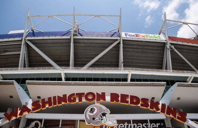 The Washington Redskins logo is seen on FedEx Field in Landover, Maryland on Thursday, July 16, 2020. Washington s football team announced earlier this week that they plan on retiring the team s name and will announce a replacement shortly.  WAP20200716326 KEVINxDIETSCH